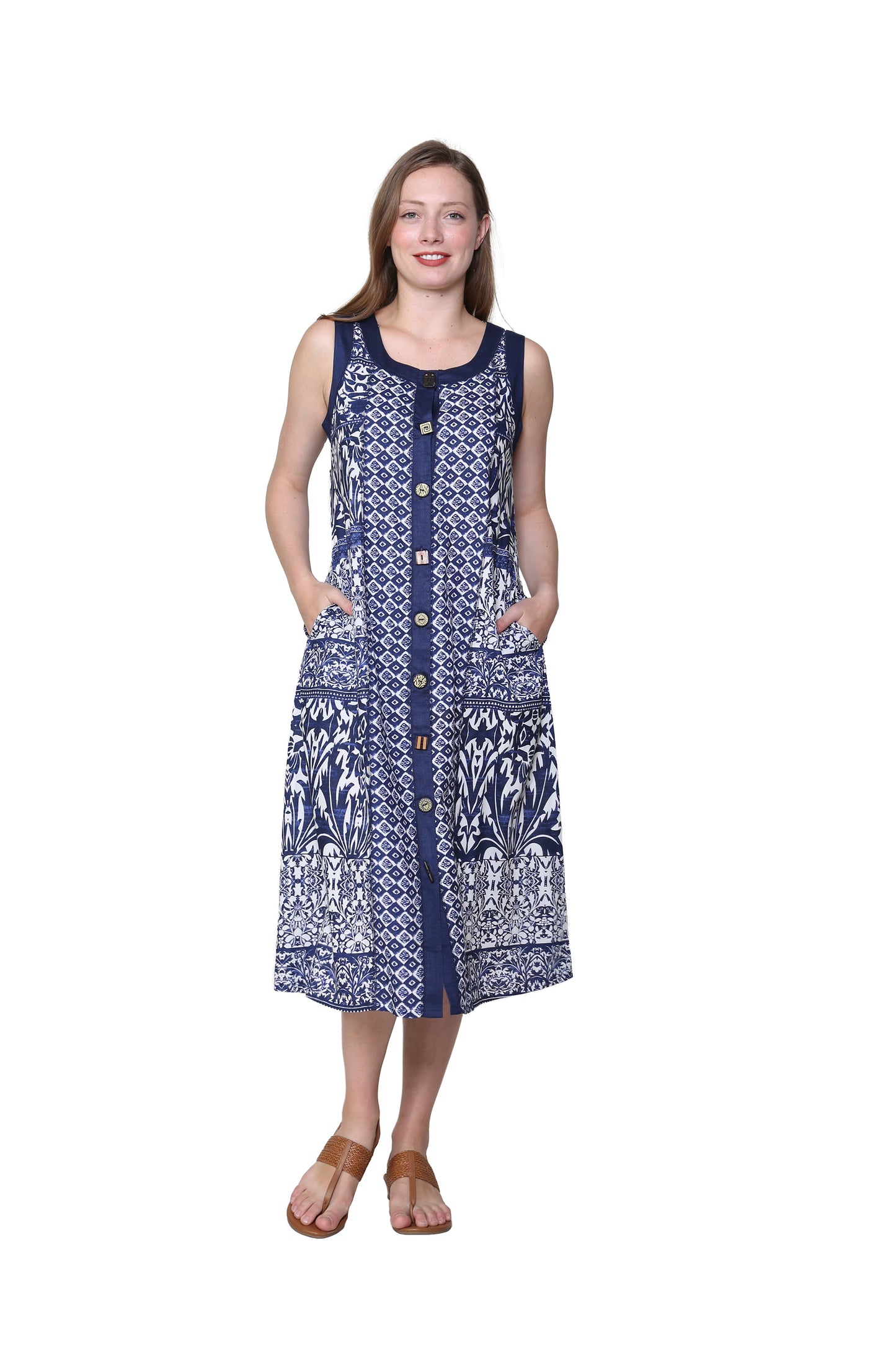 Vestido con botones novedosos y estampado mixto sin mangas de La Cera