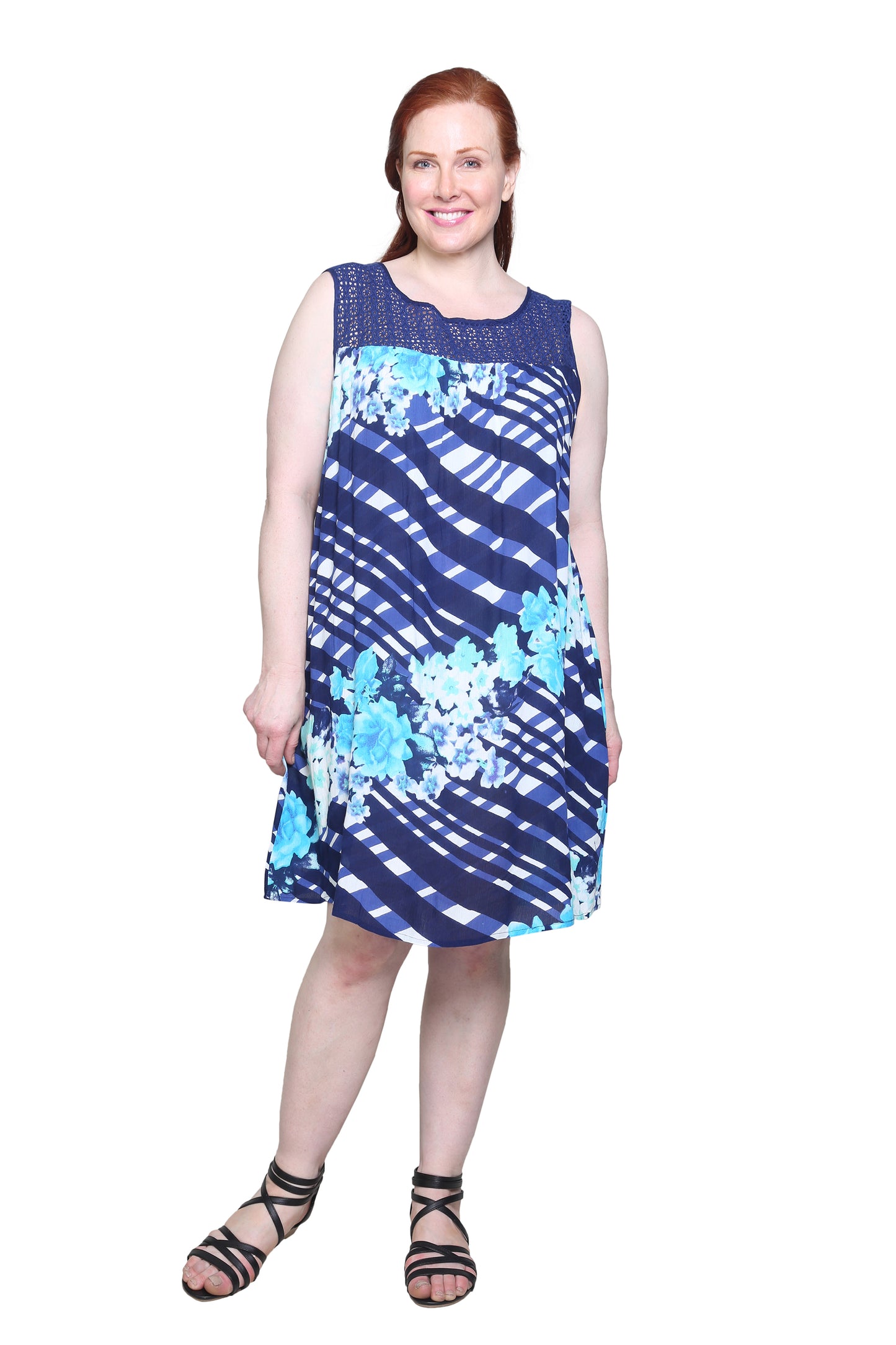 Crochet Yoke Geometrical Print Dress - La Cera