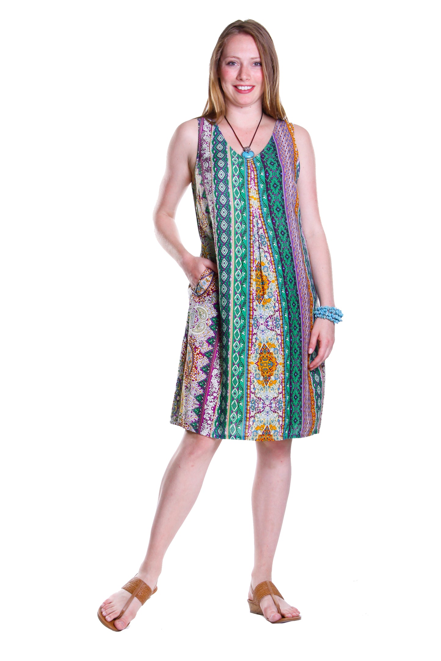 La Cera Green Multi Print Sleeveless Dress - La Cera