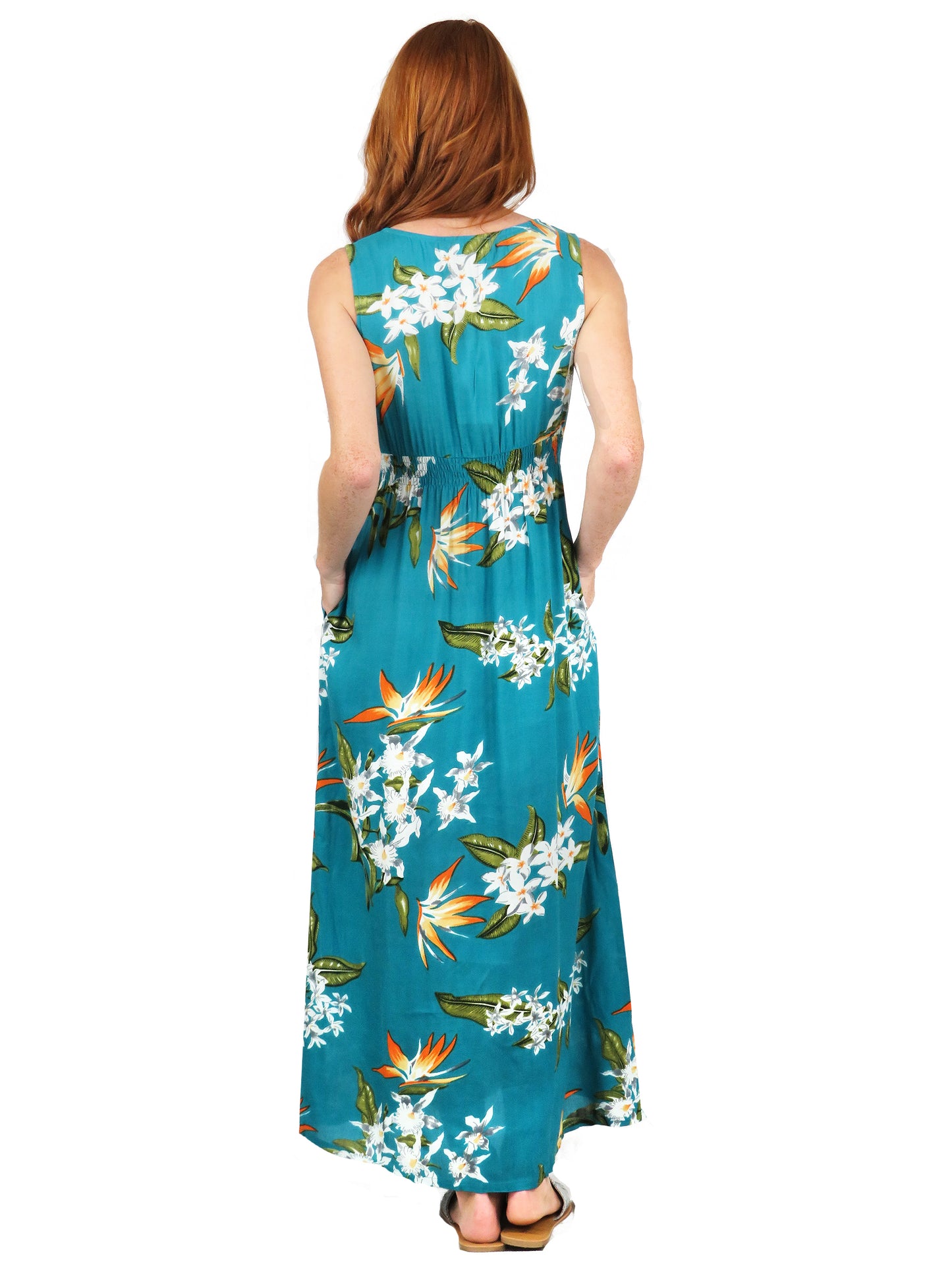 Vestido largo de rayón sin mangas con estampado floral verde azulado de La Cera