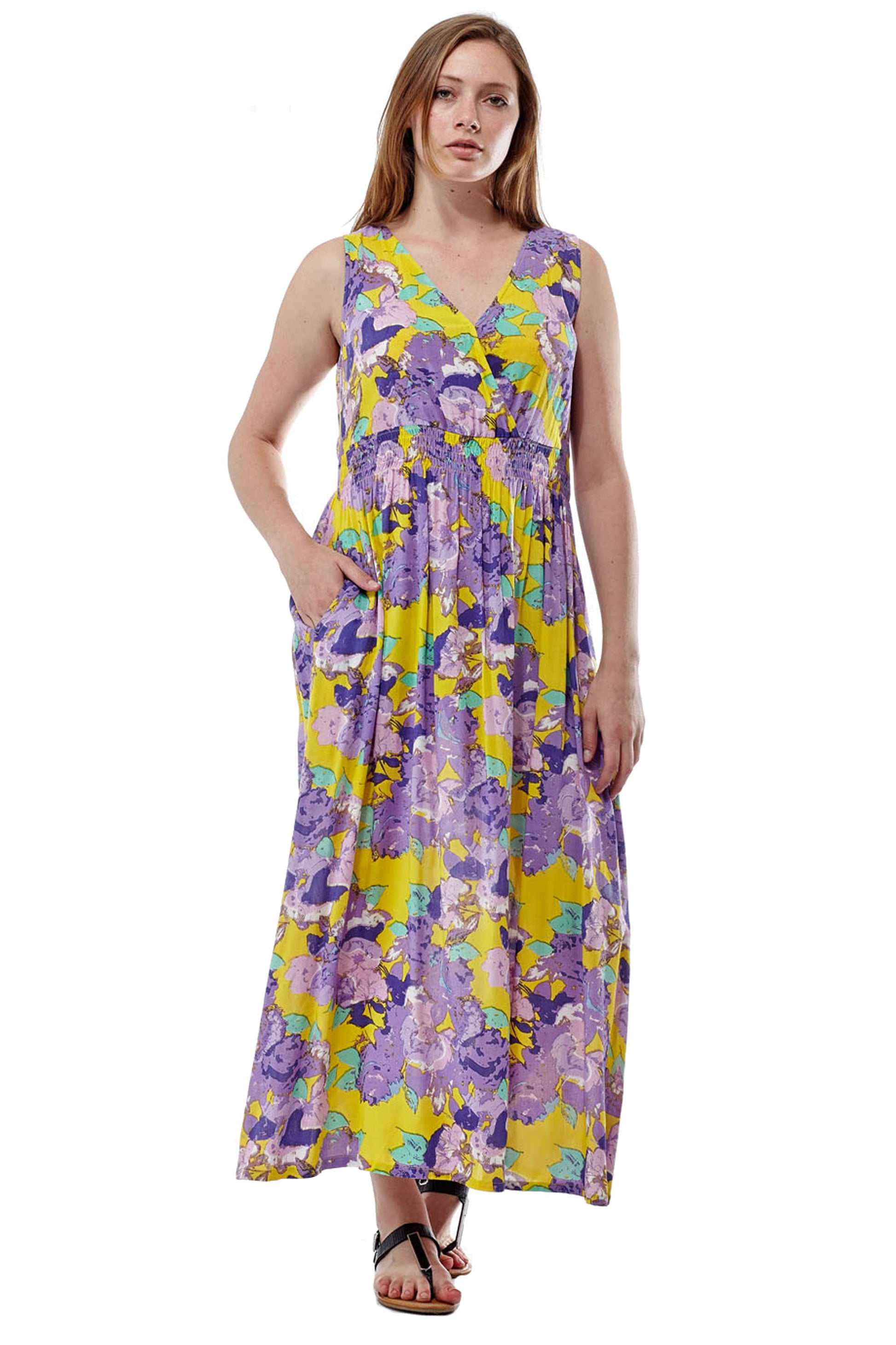 La Cera Floral Printed Sleeveless Rayon Maxi Dress - La Cera
