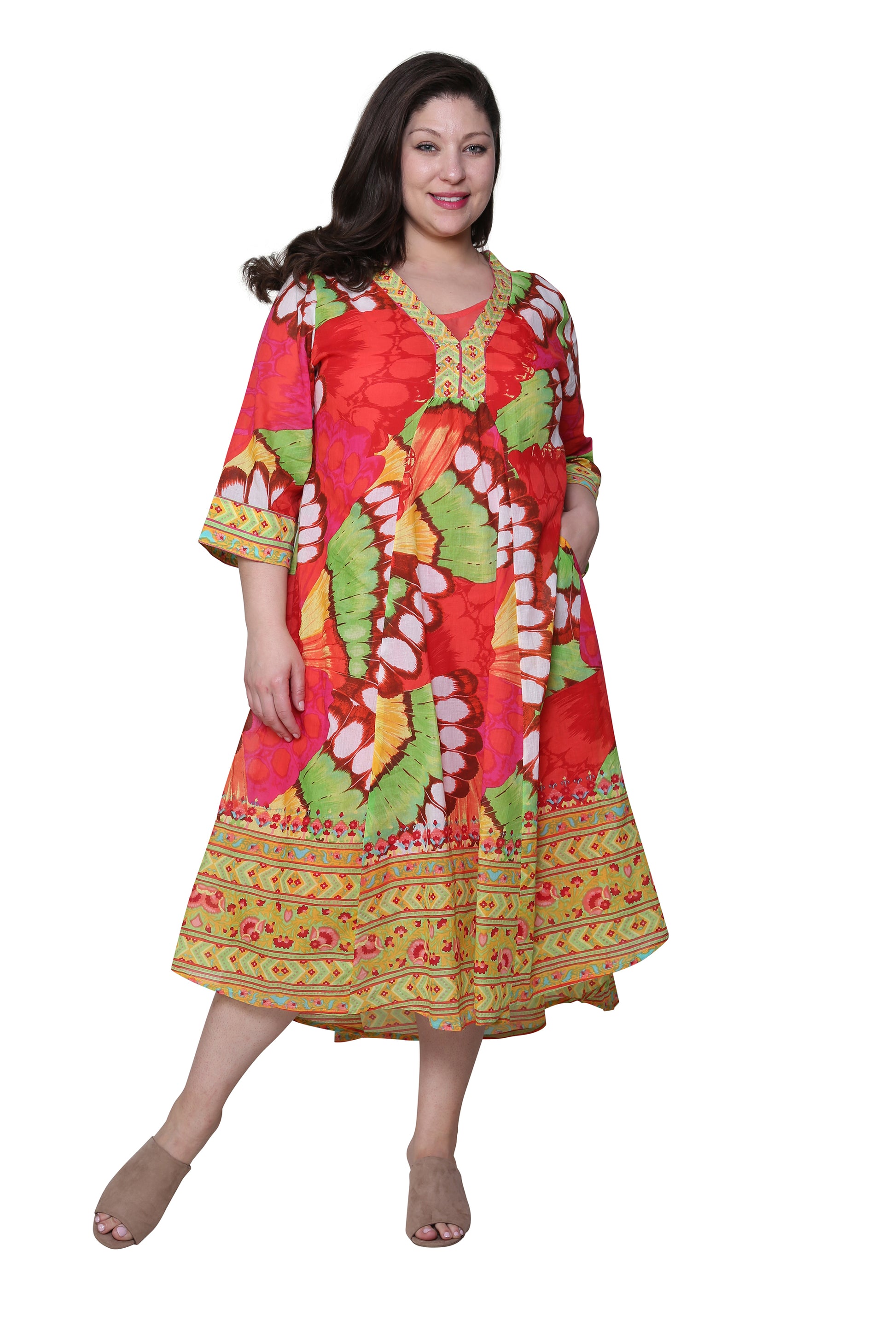 La Cera Women's Plus Size High-Low Butterfly Printed Caftan - La Cera