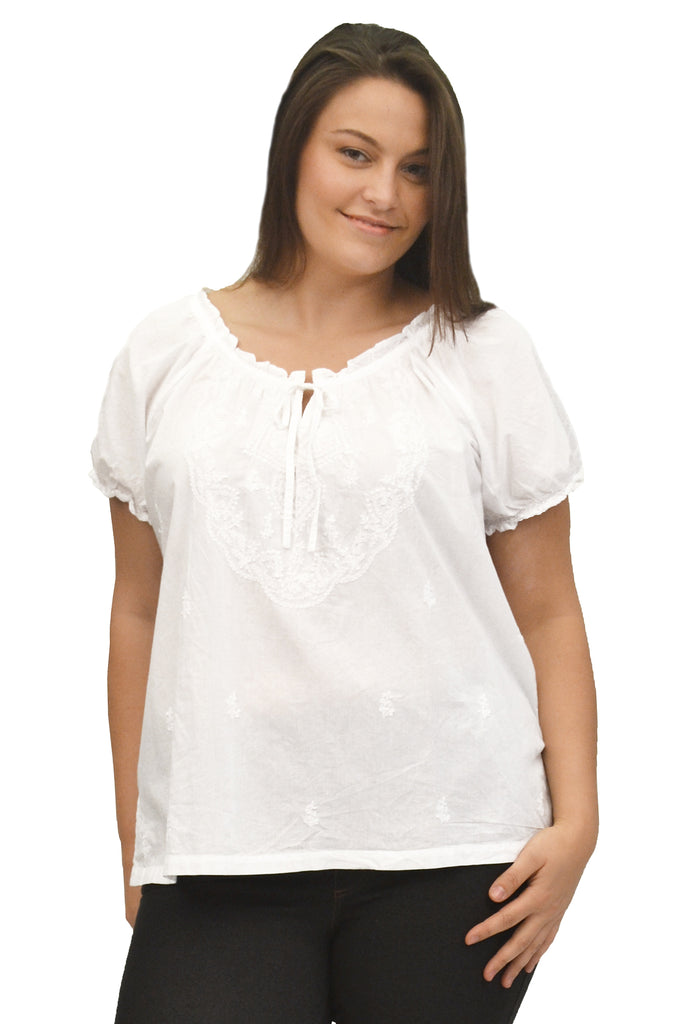 La Cera Plus Size White Embroidered Short Sleeve Peasant Top - La Cera