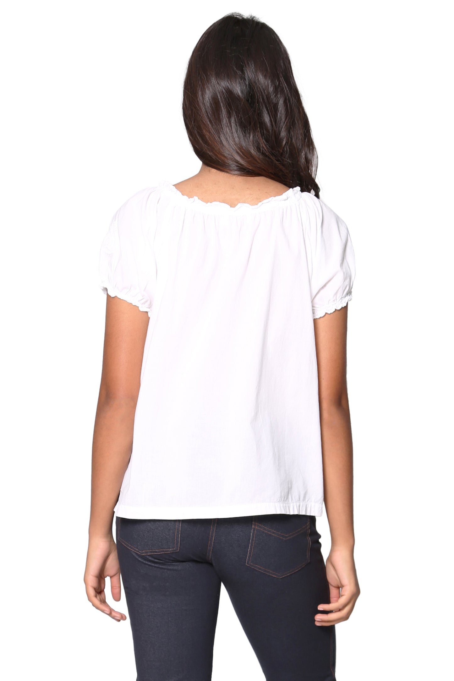 La Cera White Embroidered Short Sleeve Peasant Top - La Cera