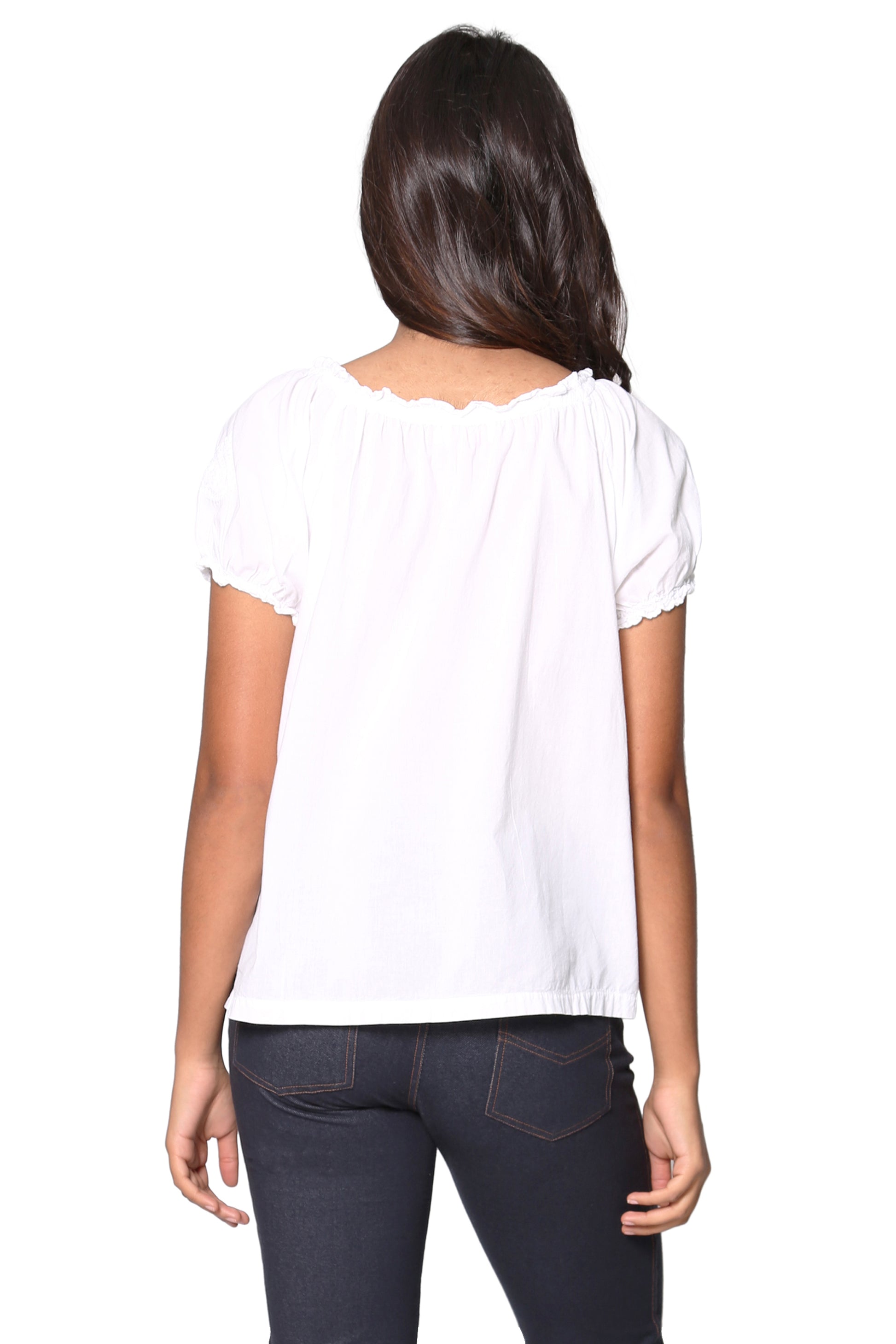 La Cera White Embroidered Short Sleeve Peasant Top - La Cera