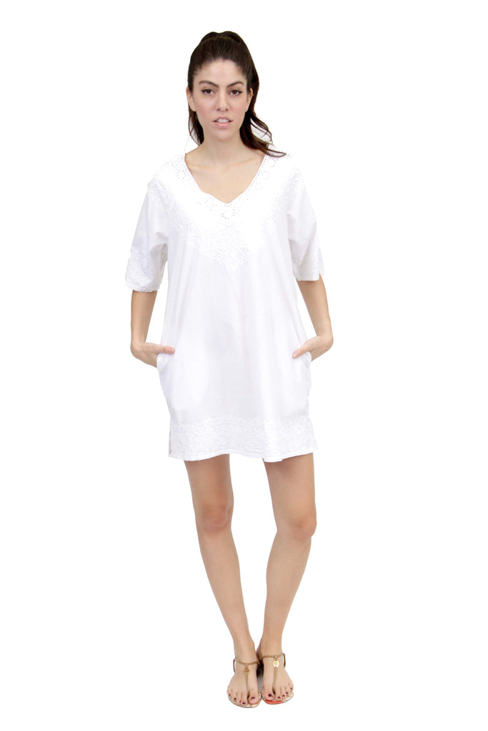 La Cera White Embroidered Cover Up - La Cera