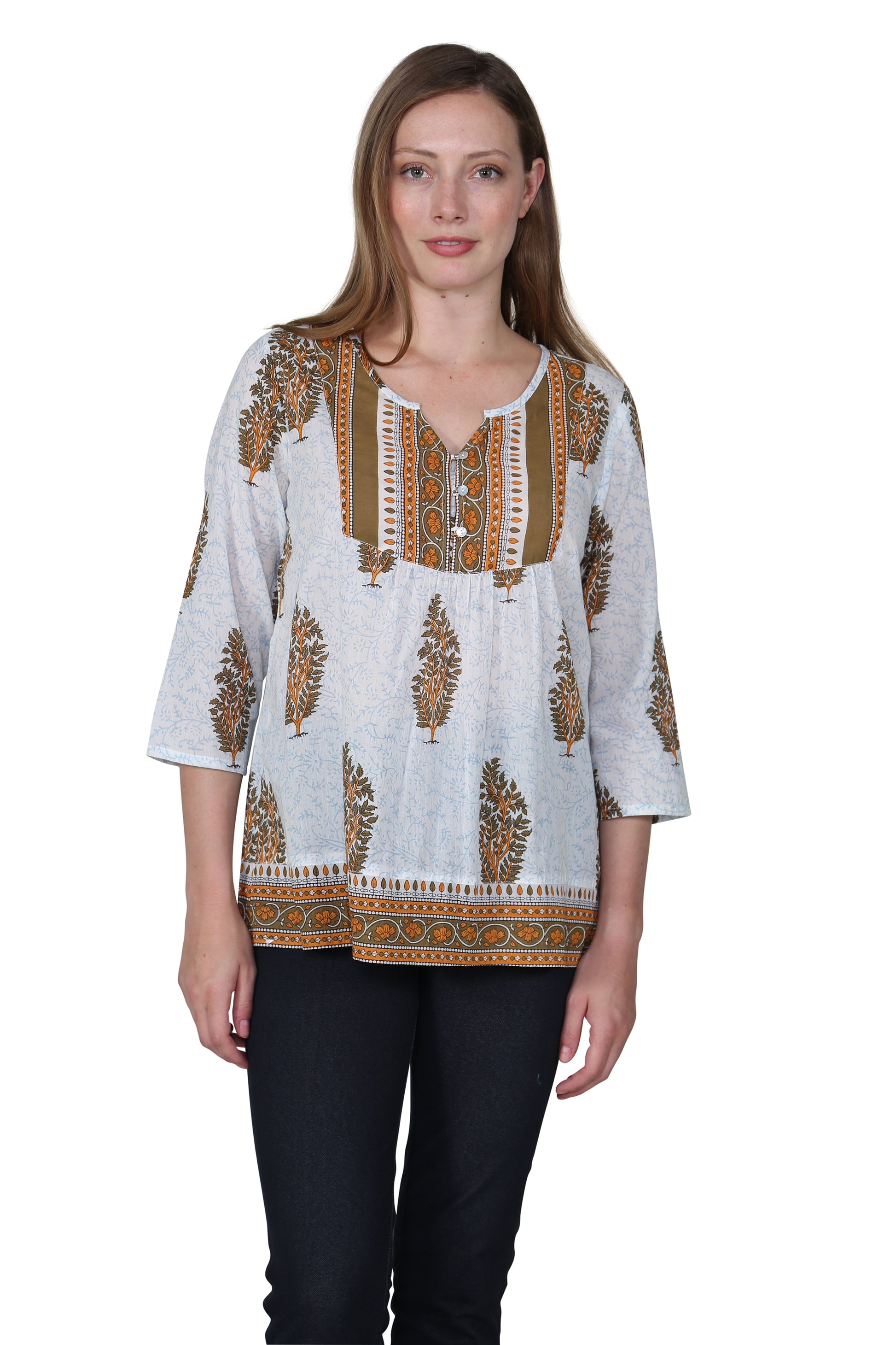 Sage Block Print Cotton Tunic Top - La Cera