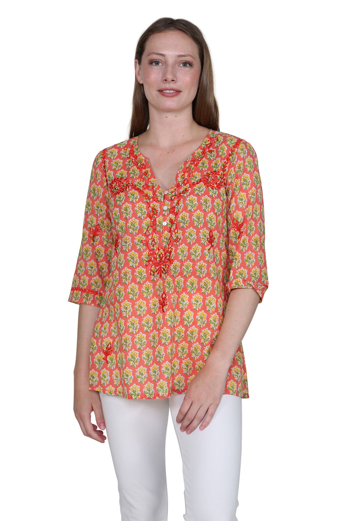 Block Print Tunic With Tonal Embroidery - La Cera