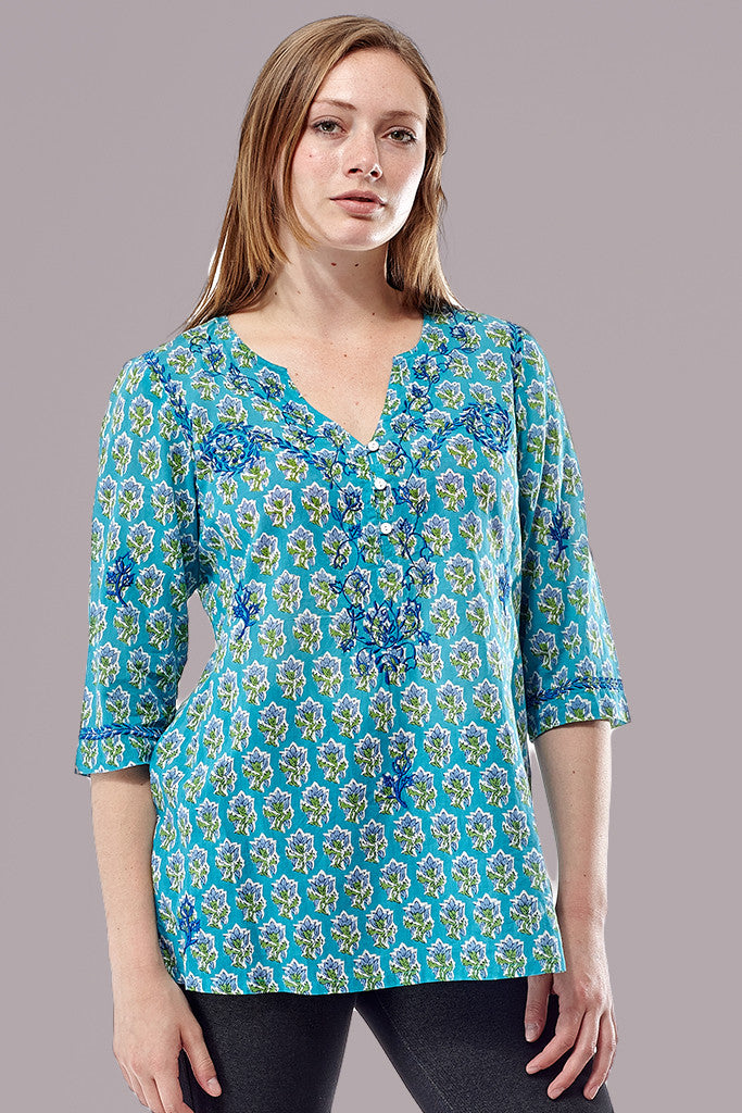 La Cera 3/4 Sleeve Turquoise Embroidered Top - La Cera - 1