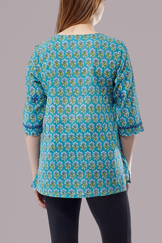 La Cera 3/4 Sleeve Turquoise Embroidered Top - La Cera - 3