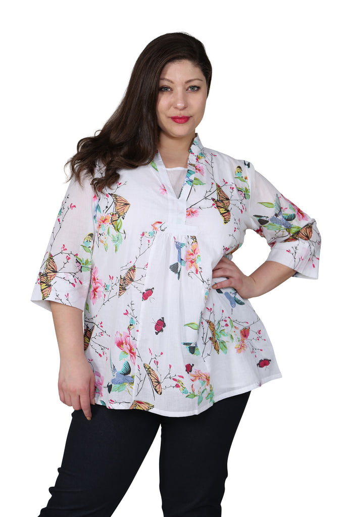 Plus Size Hummingbird/Butterfly Print Tunic - La Cera