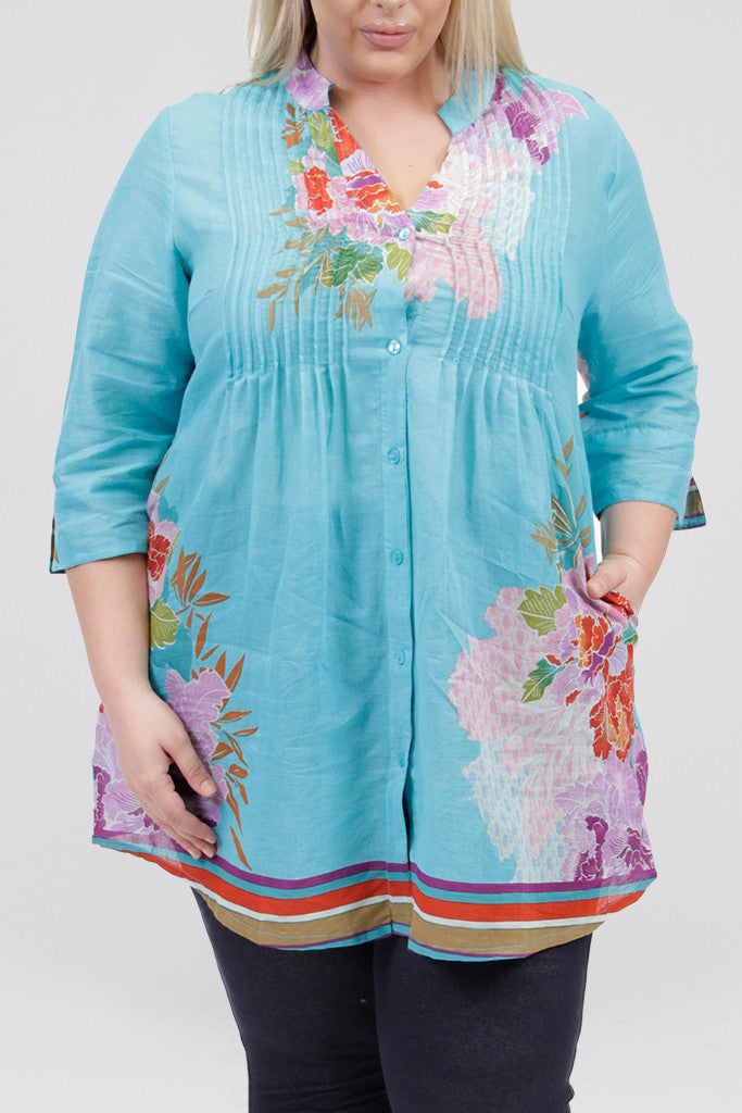 La Cera Plus Size 3/4 Sleeve Pleated Tunic Top - La Cera - 1