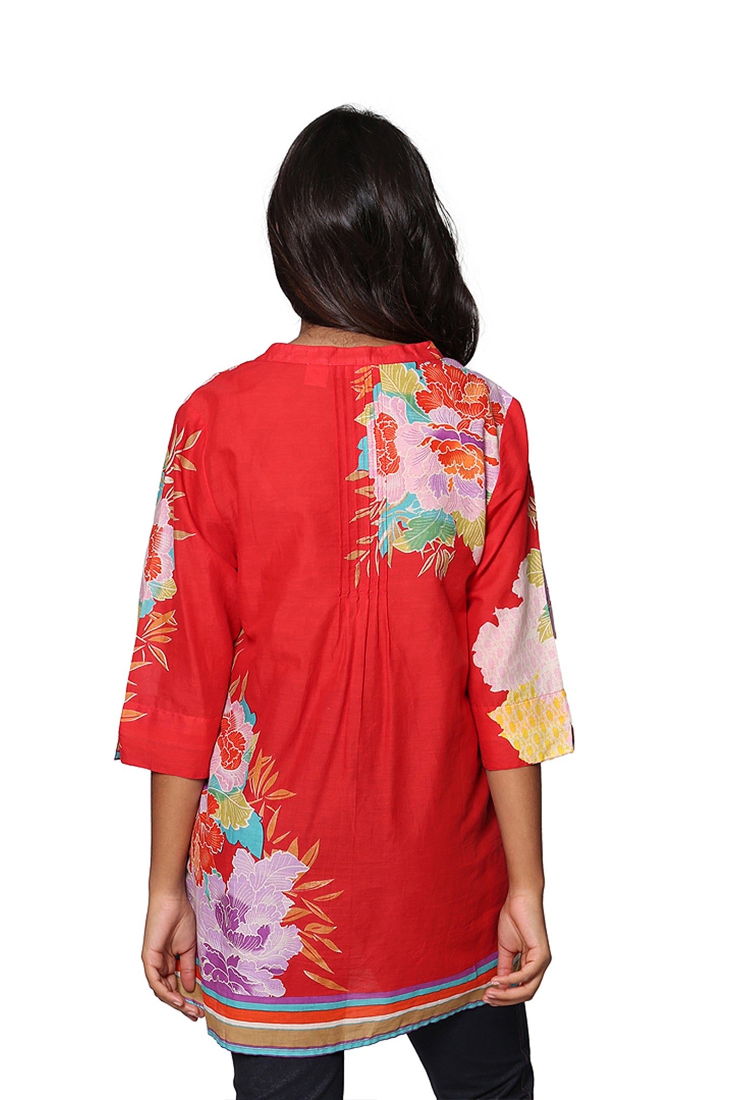Floral Border Print Tunic with Release Pleats - La Cera