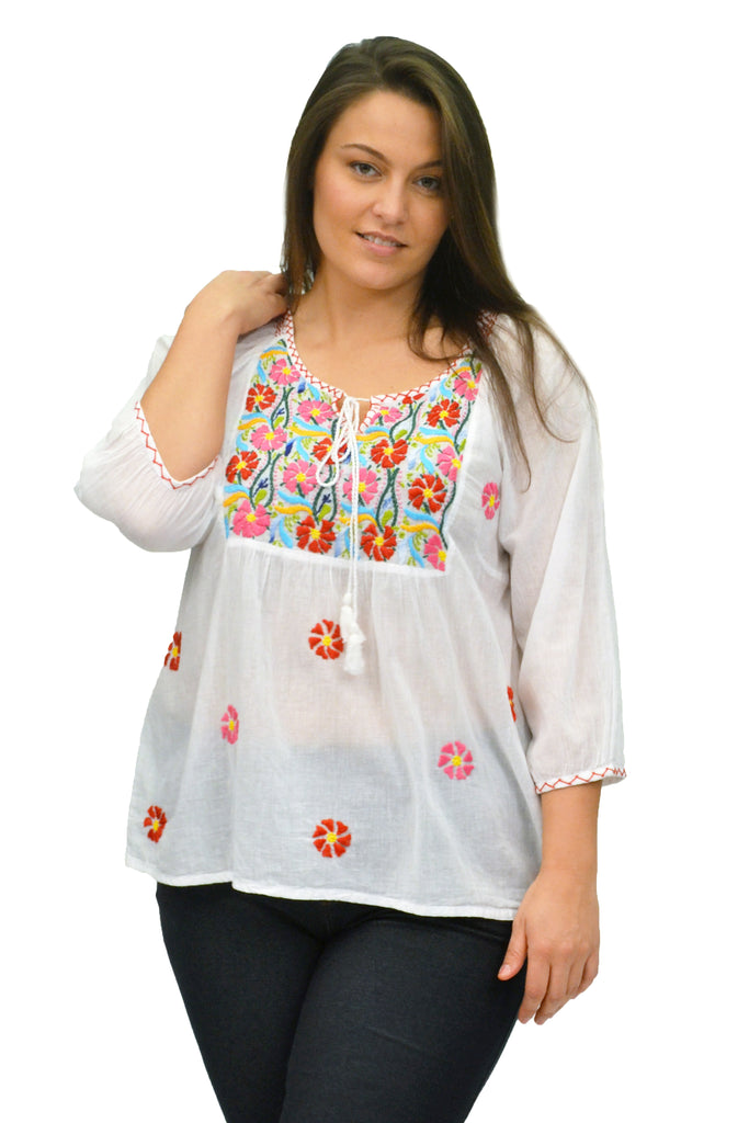 La Cera Plus Size Embroidered Peasant Top - La Cera