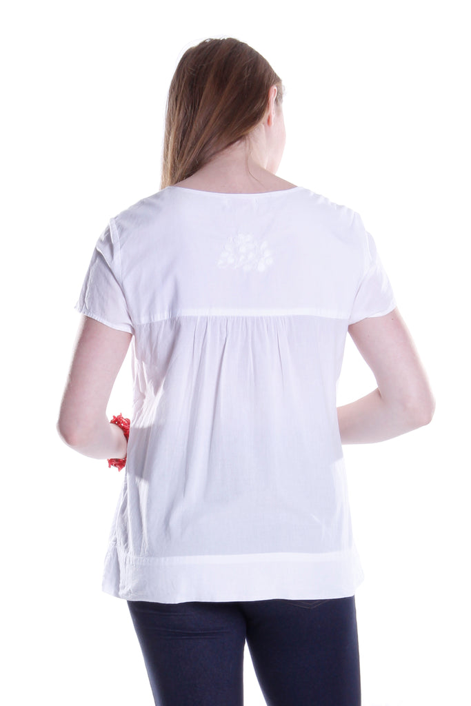 La Cera Cap Sleeve Hand Embroidered White Top - La Cera