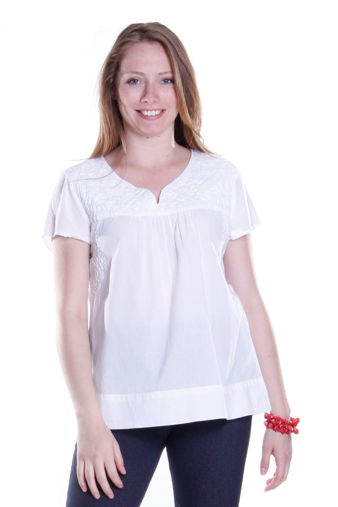 La Cera Cap Sleeve Hand Embroidered White Top - La Cera