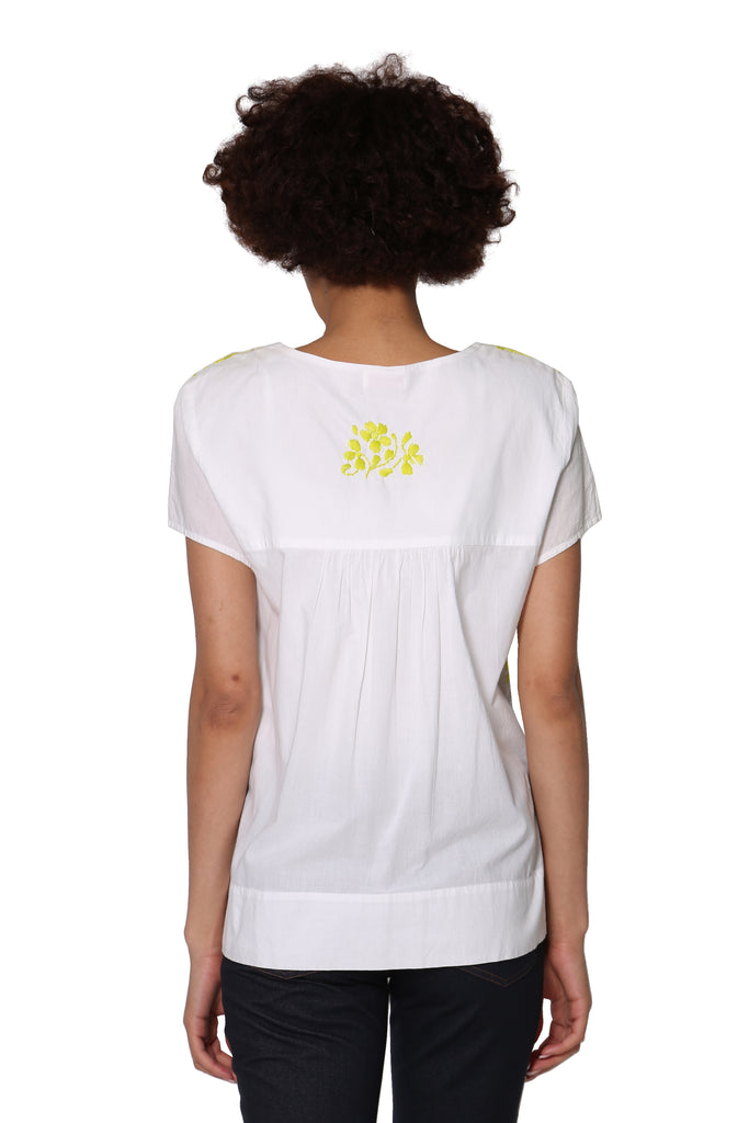 La Cera Cap Sleeve Hand Embroidered White Top - La Cera