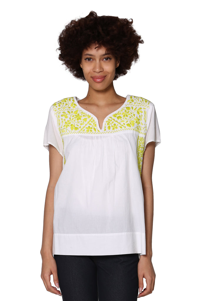 La Cera Cap Sleeve Hand Embroidered White Top - La Cera