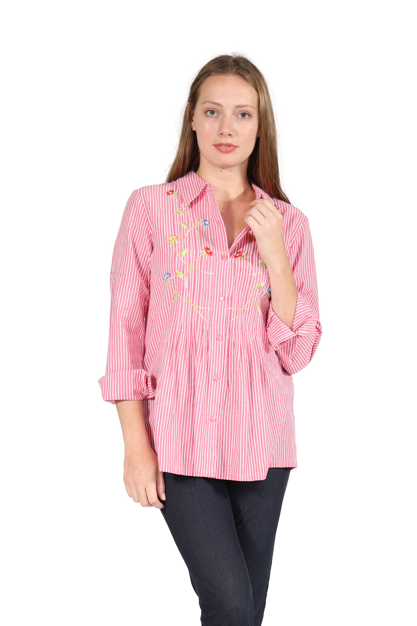 Camisa de seersucker con botones bordados en la parte delantera