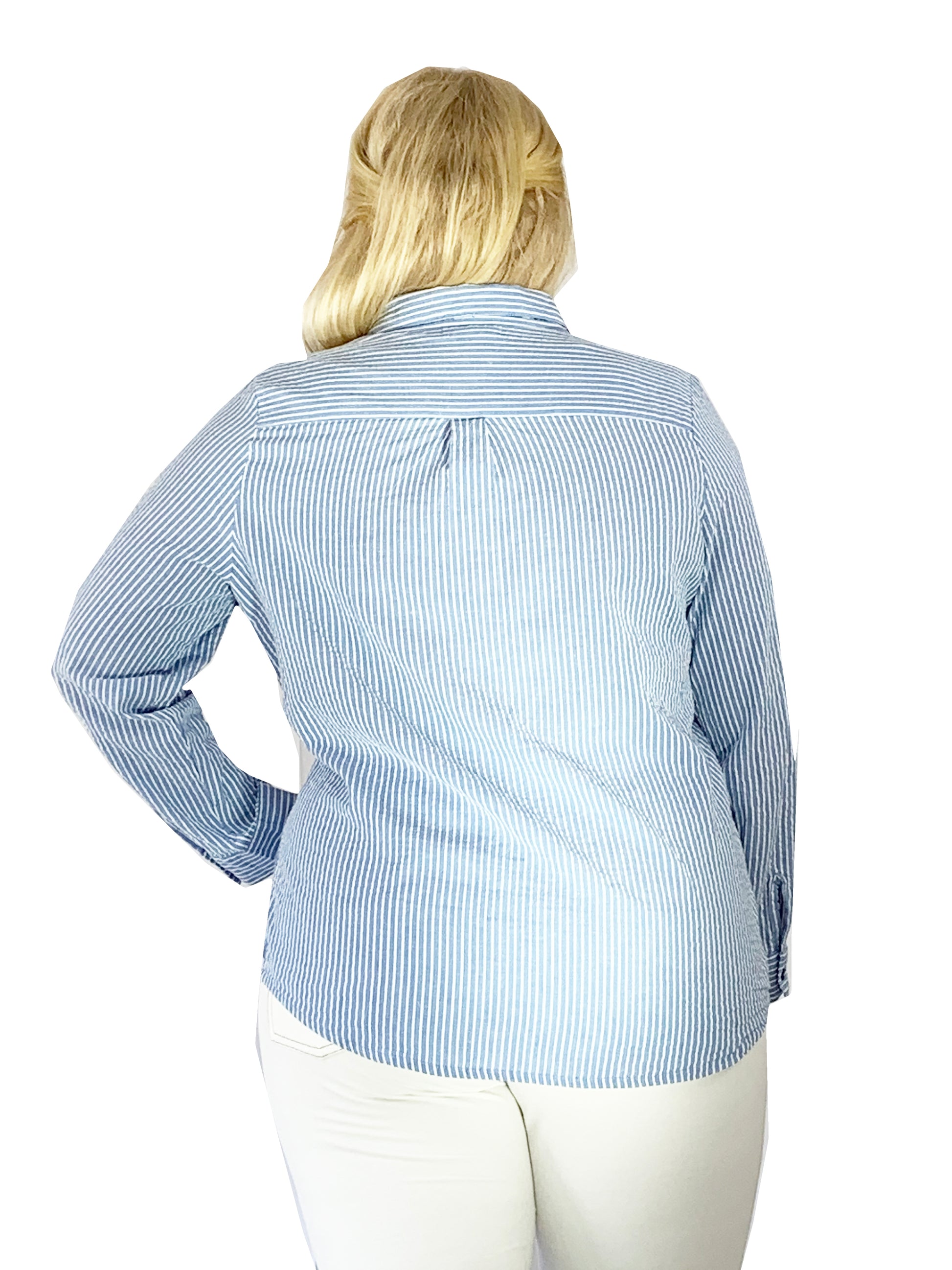 Seersucker Embroidered Button Front Shirt - Plus Size - La Cera