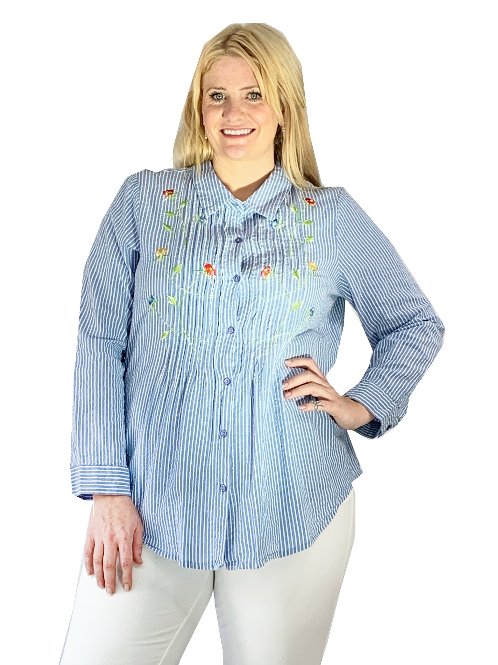 Seersucker Embroidered Button Front Shirt - Plus Size - La Cera