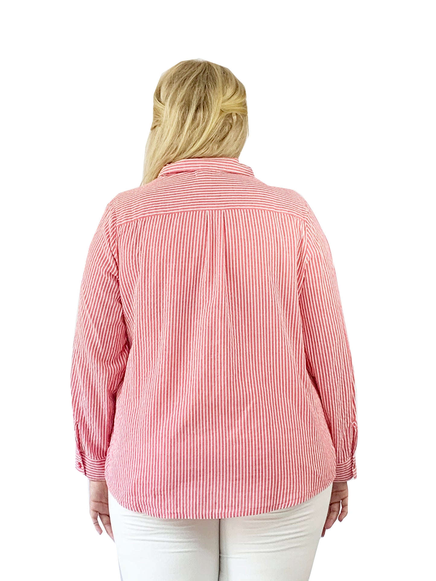 Seersucker Embroidered Button Front Shirt - Plus Size - La Cera