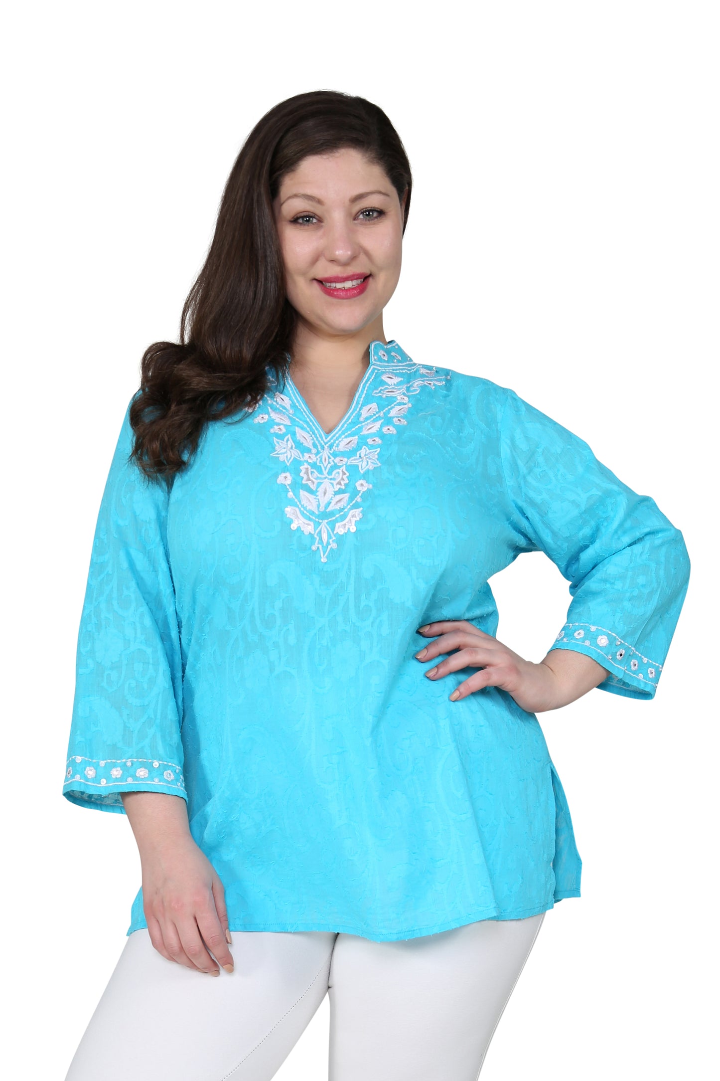 Top tipo túnica con bordado floral de talla grande