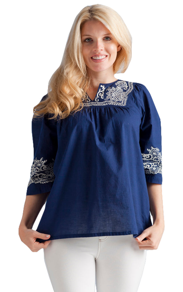 Navy Embroidered Yoke Top - La Cera