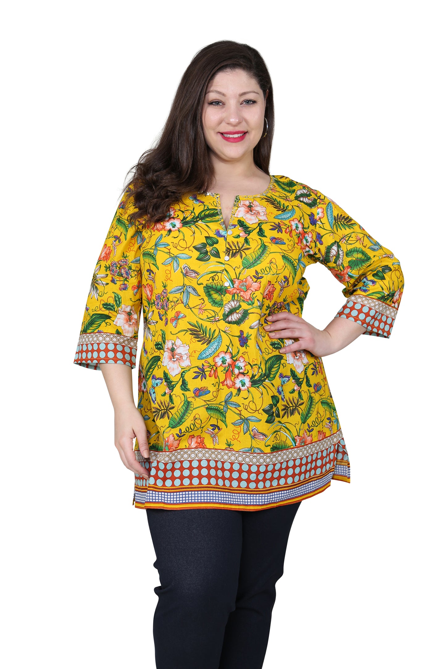 Túnica de técnicas mixtas florales de talla grande