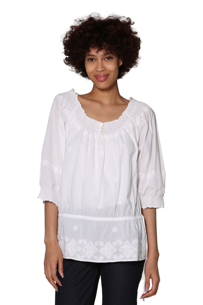 La Cera Hand-Embroidered Smocked Top - La Cera