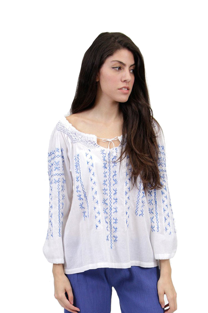 La Cera Hand-Embroidered Peasant Top - La Cera