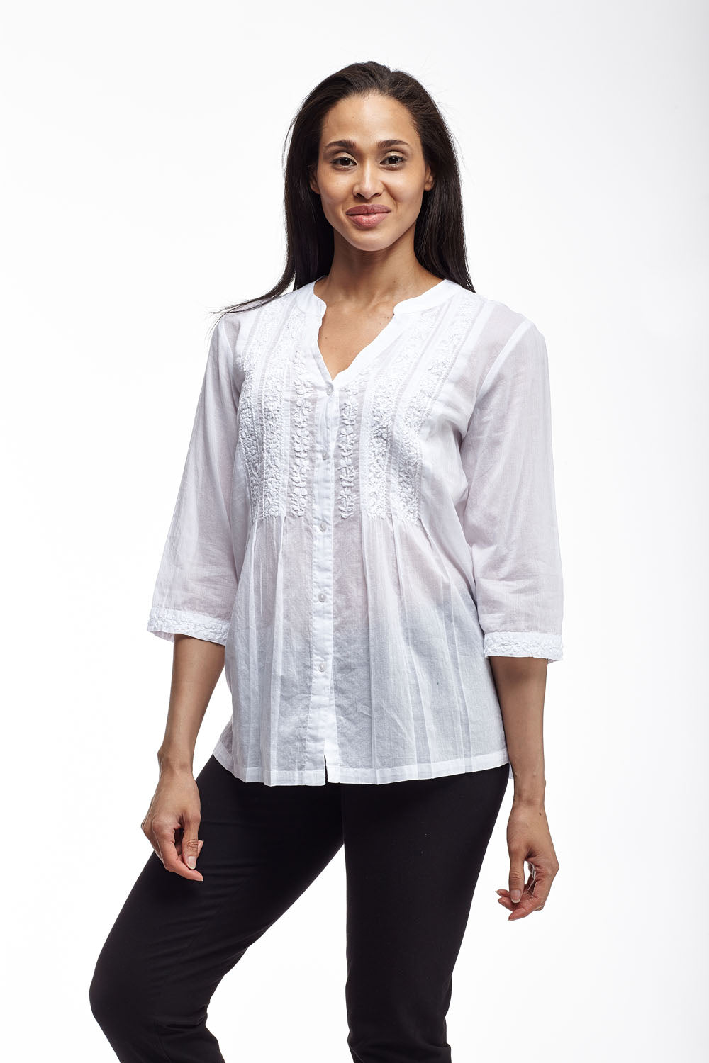 La Cera 100% Cotton Button Front Embroidered Top - La Cera