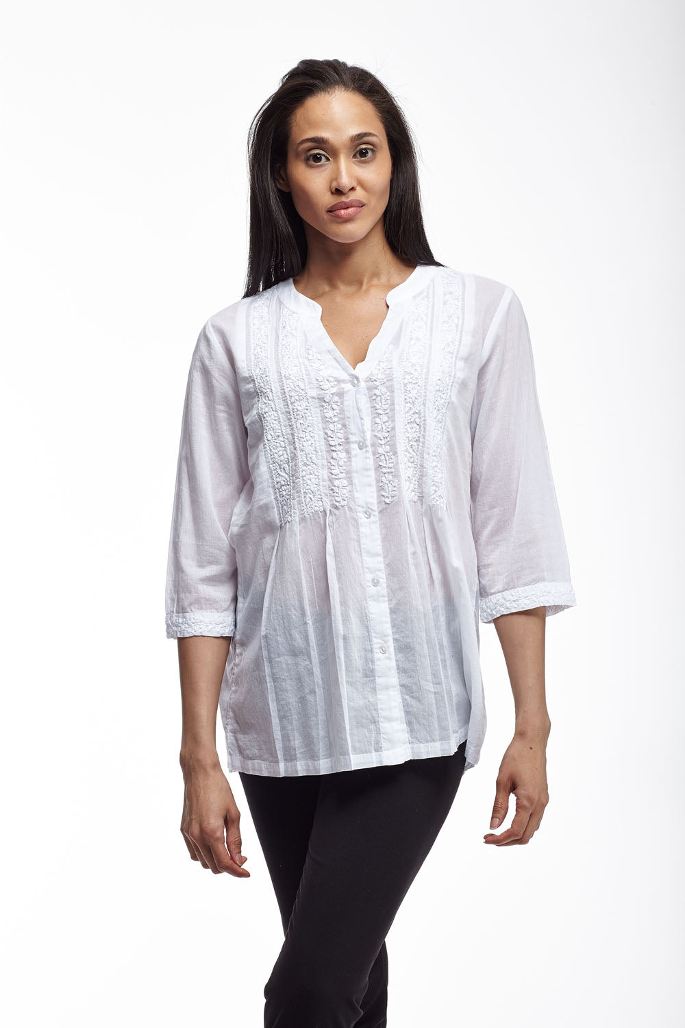 La Cera 100% Cotton Button Front Embroidered Top - La Cera