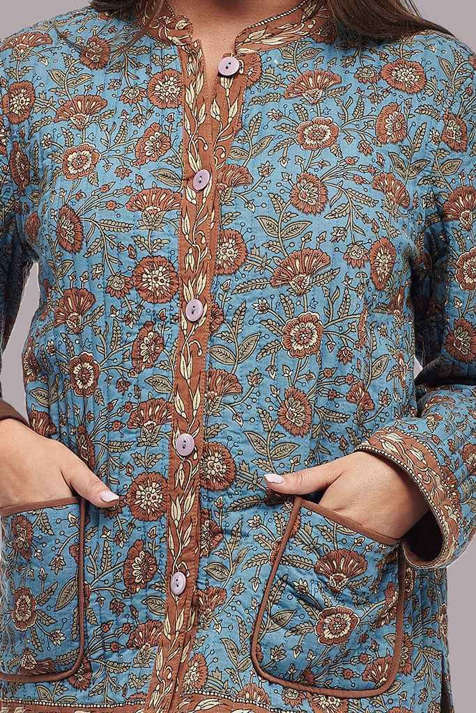 La Cera Quilted Blue Mandarin Jacket - La Cera - 2