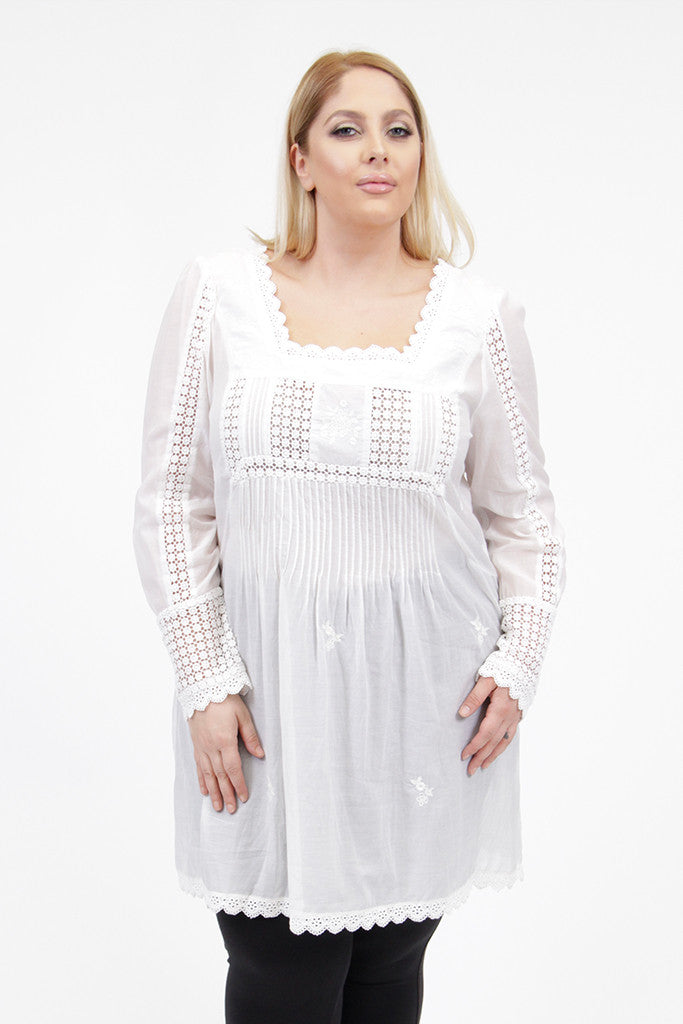 La Cera Plus Size Long Sleeve Lace Detail Top - La Cera - 1