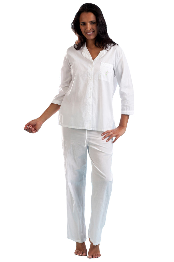 La Cera Long Sleeve Lace Trim Pajama Set - La Cera