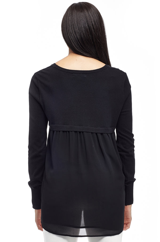 La Cera Rounded Neck Sweater Top with Georgette Back - La Cera