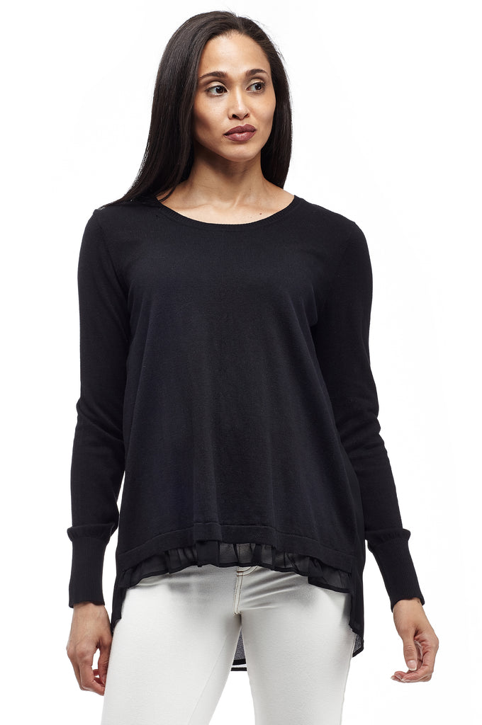 La Cera Rounded Neck Sweater Top with Georgette Back - La Cera