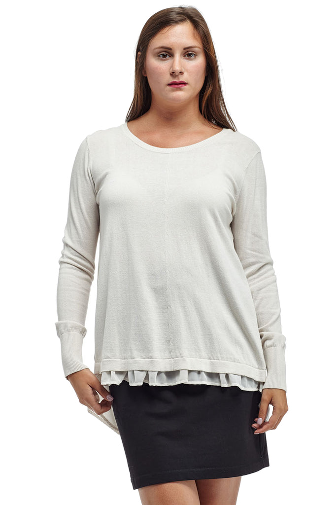 La Cera Rounded Neck Sweater Top with Georgette Back - La Cera