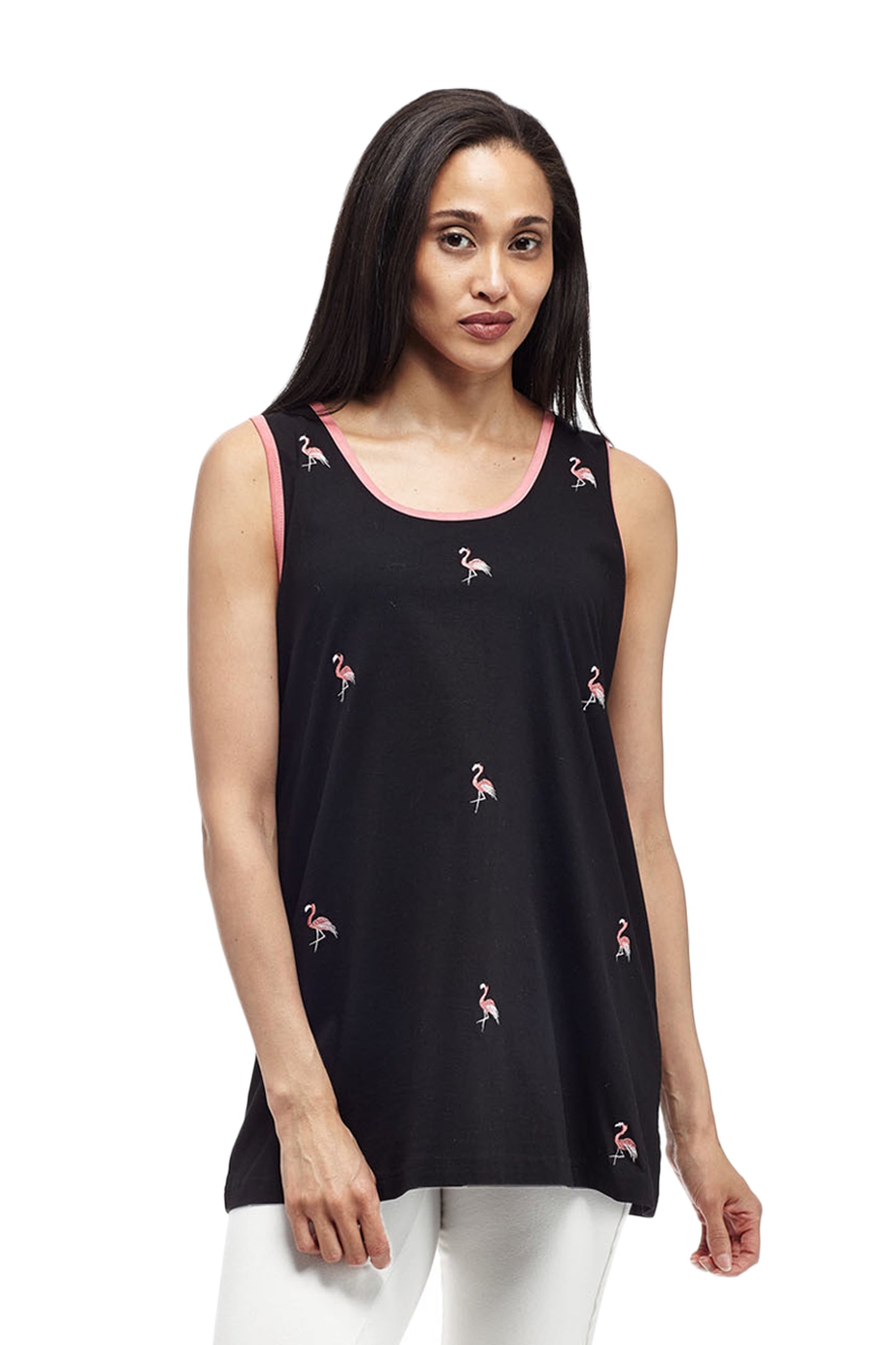 Camiseta sin mangas de punto de algodón con bordado de flamencos