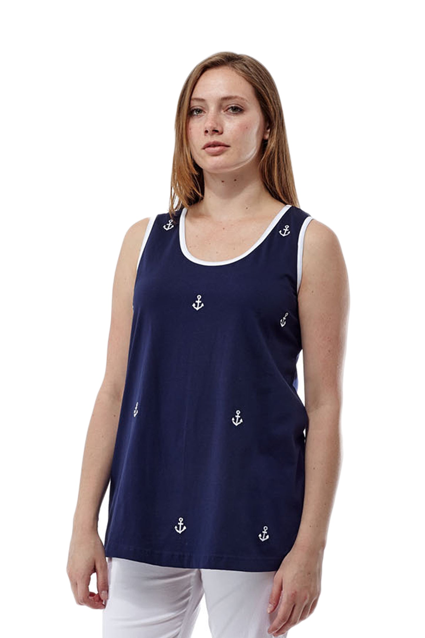Camiseta sin mangas de punto de algodón con bordado de ancla