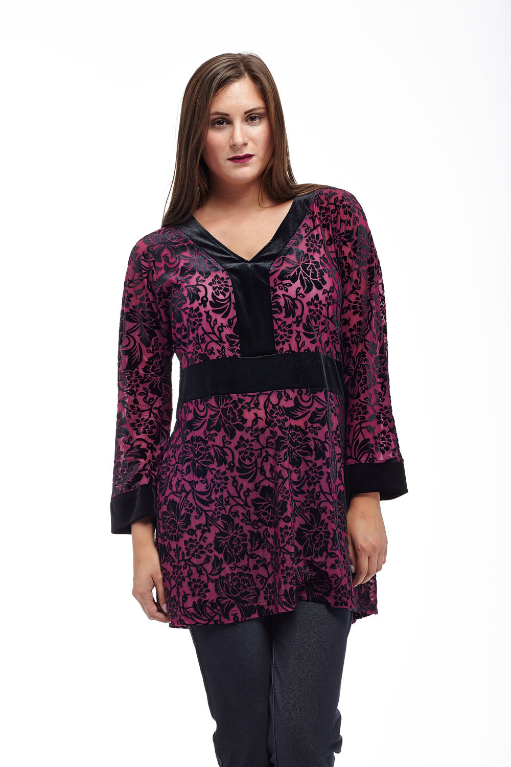 Velour Burnout Jacquard Trimmed Tunic - La Cera