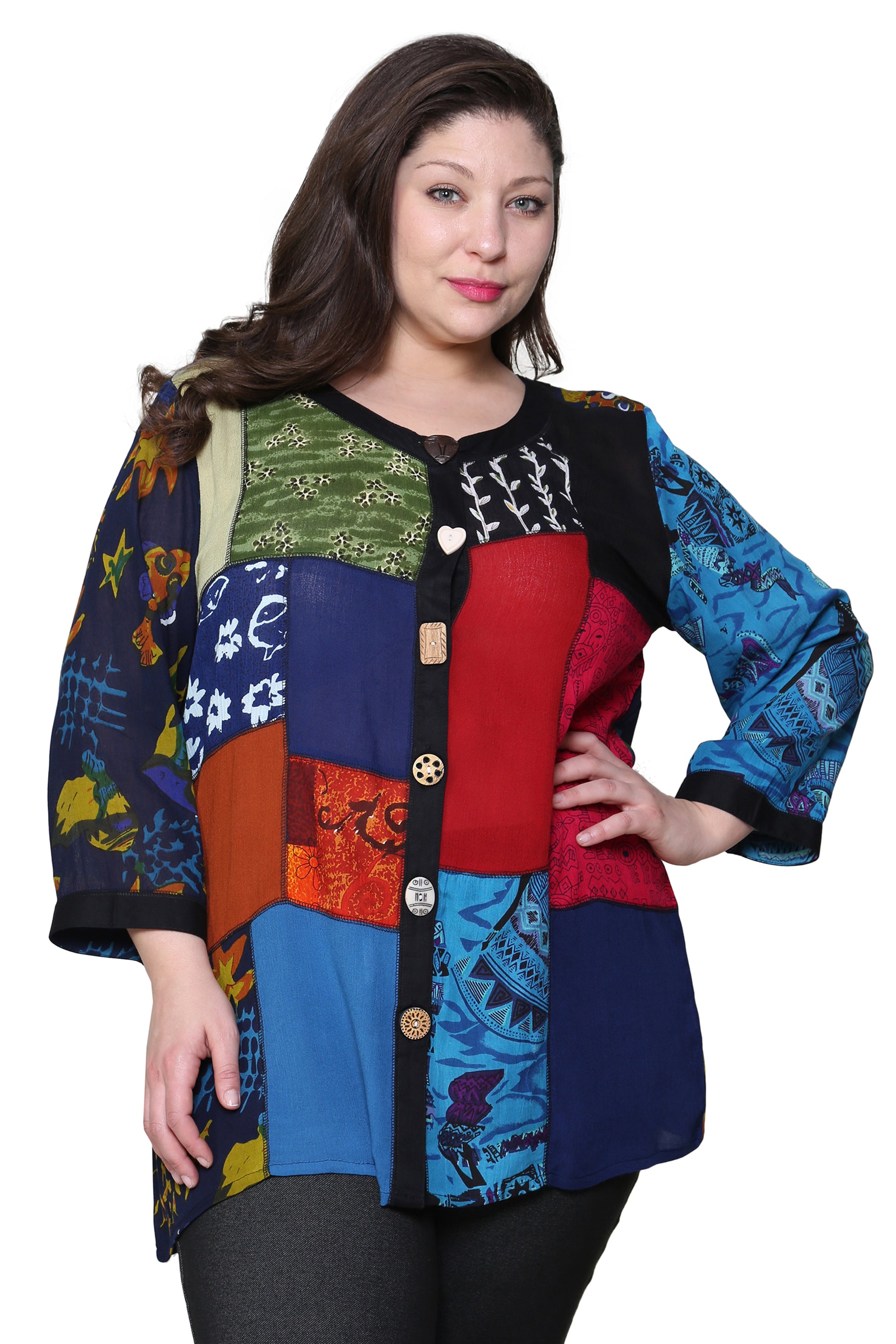 Plus Size La Cera Red Patchwork Top - La Cera