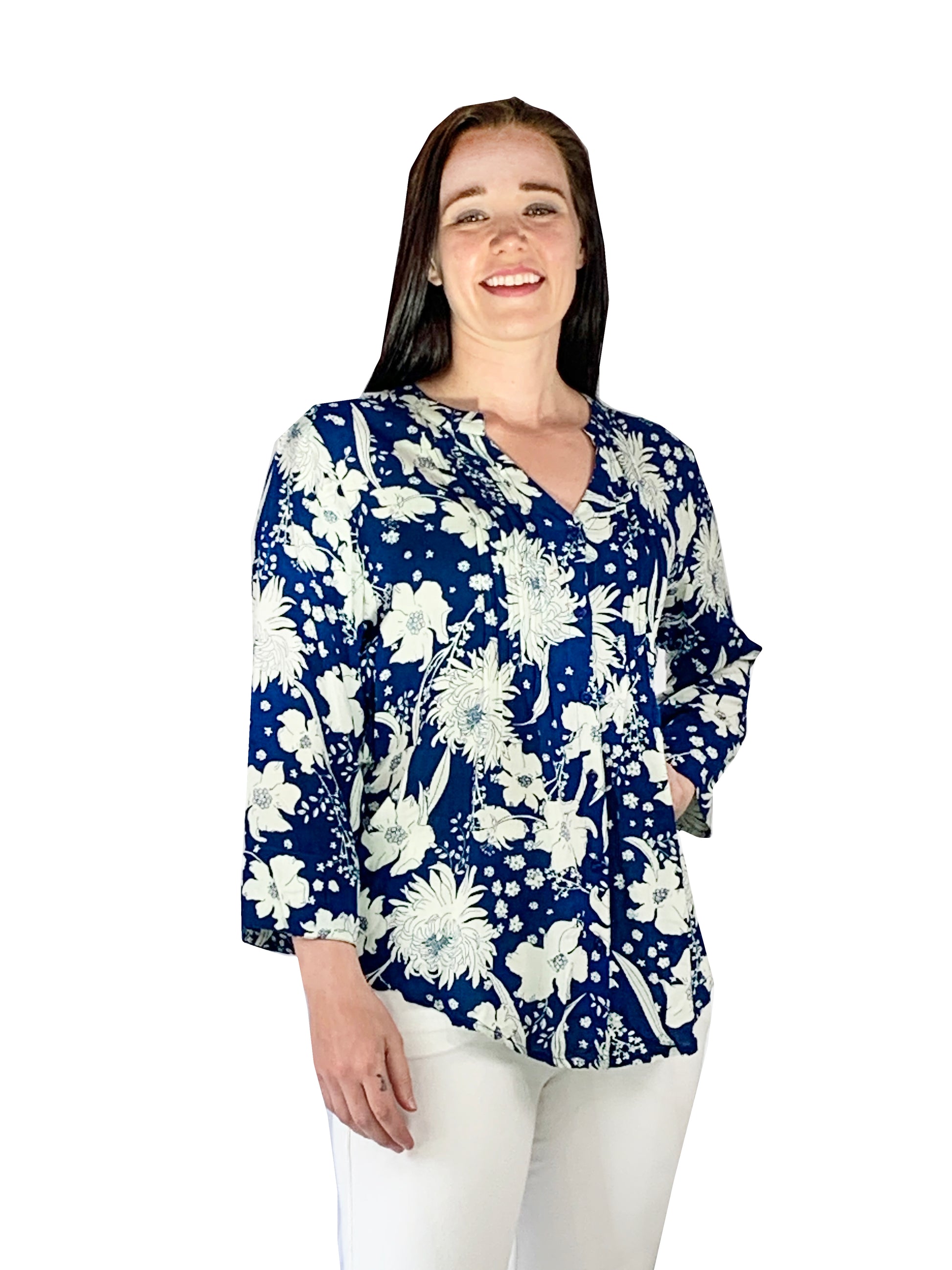 Pleat Front Printed Rayon Top - La Cera