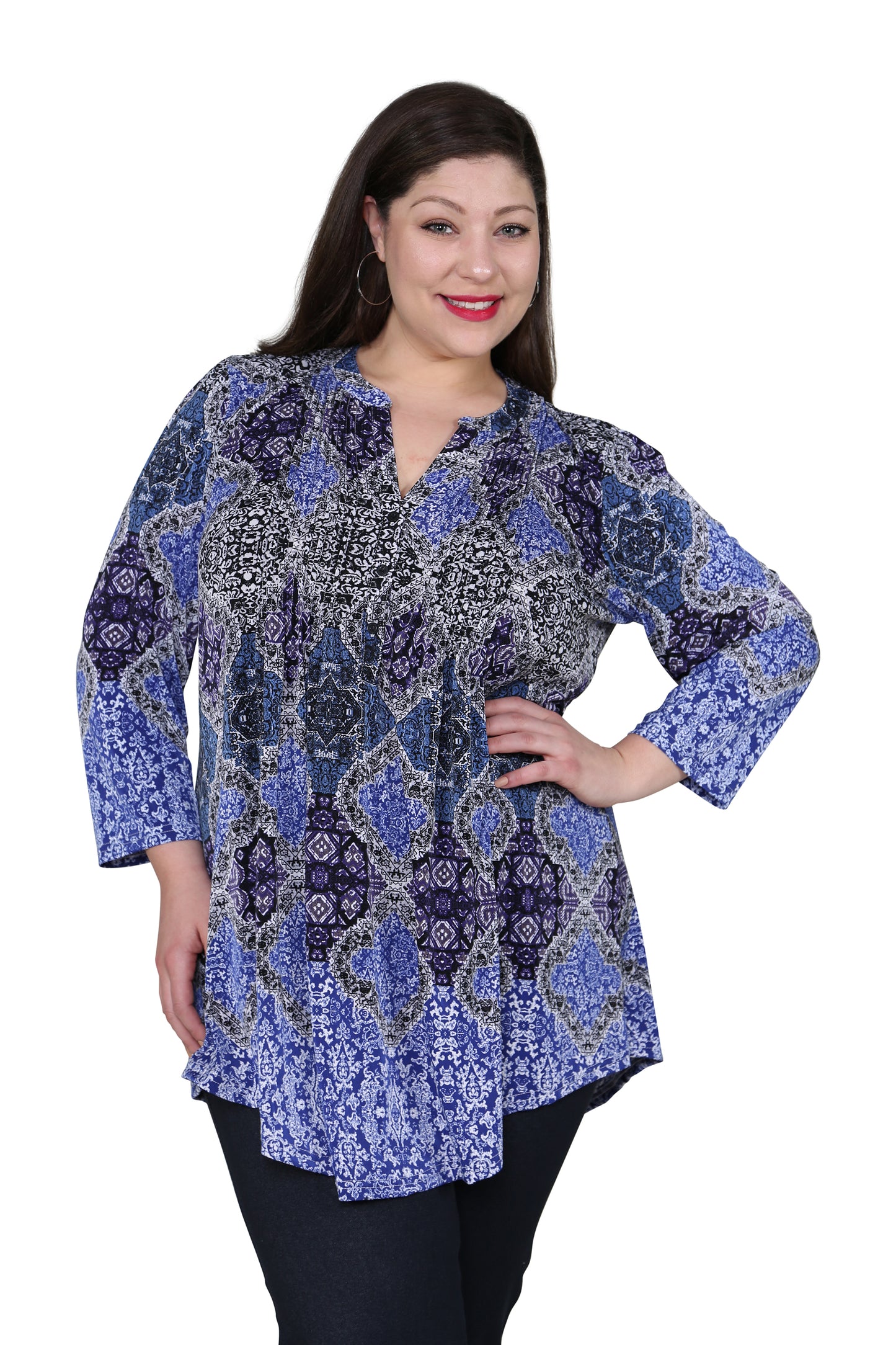 Plus Size La Cera Pleat Front Printed Tunic Blue Multi - La Cera