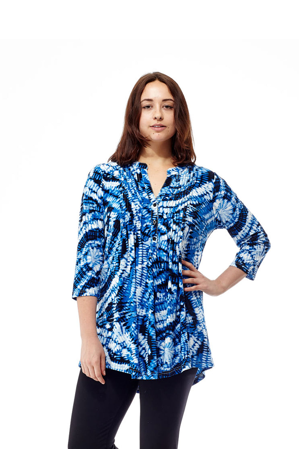 Túnica estampada con frente plisado La Cera talla grande azul Tie-Dye