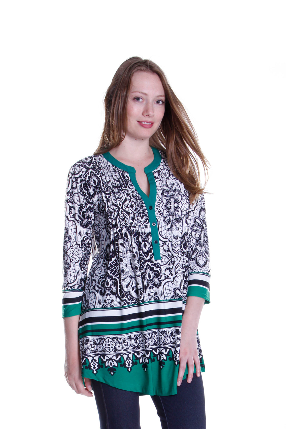 Túnica estampada con frente plisado La Cera en negro y verde