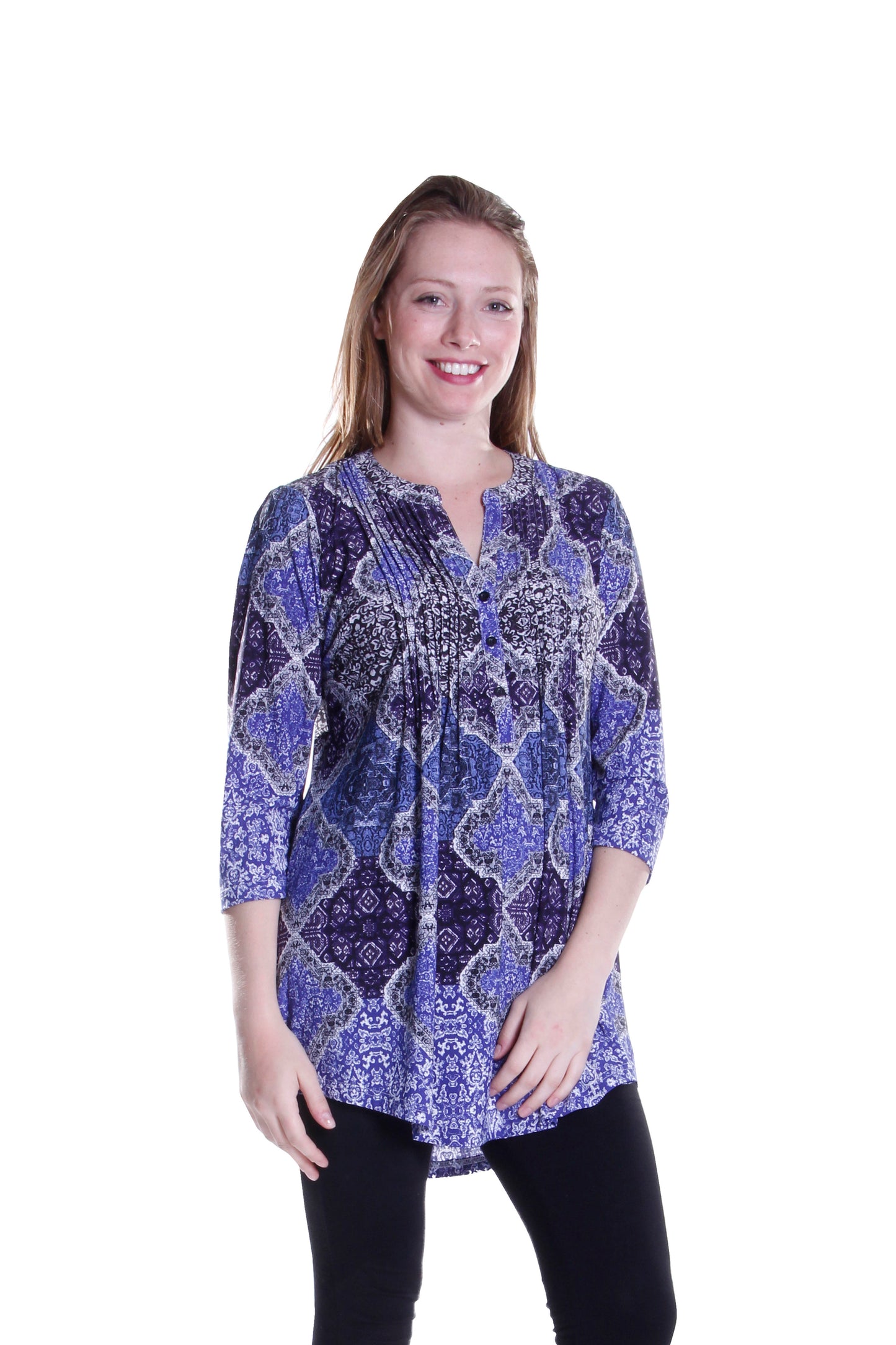 La Cera Pleat Front Printed Tunic Blue - La Cera