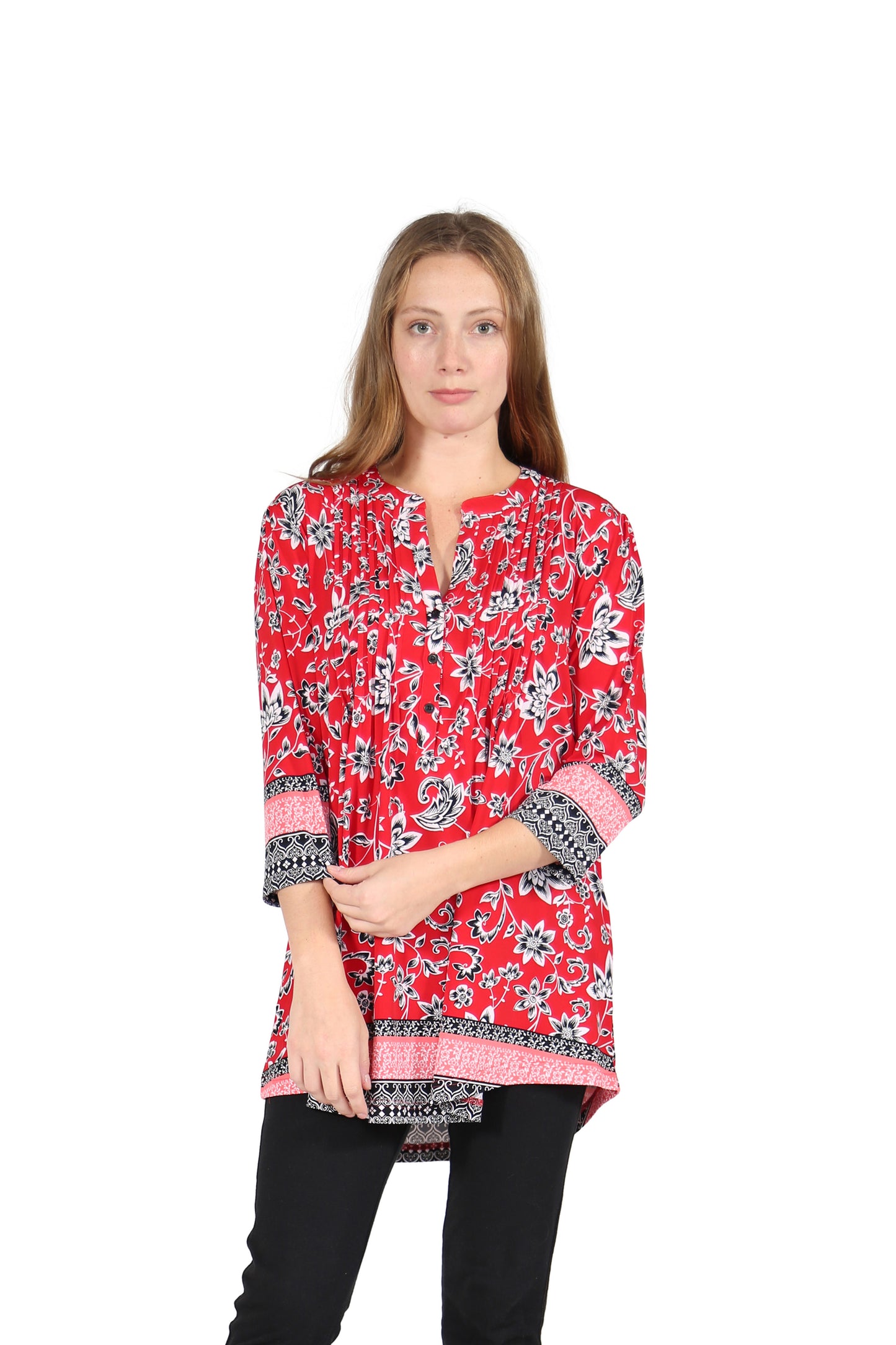 La Cera Pleat Front Printed Tunic With Border Print - La Cera