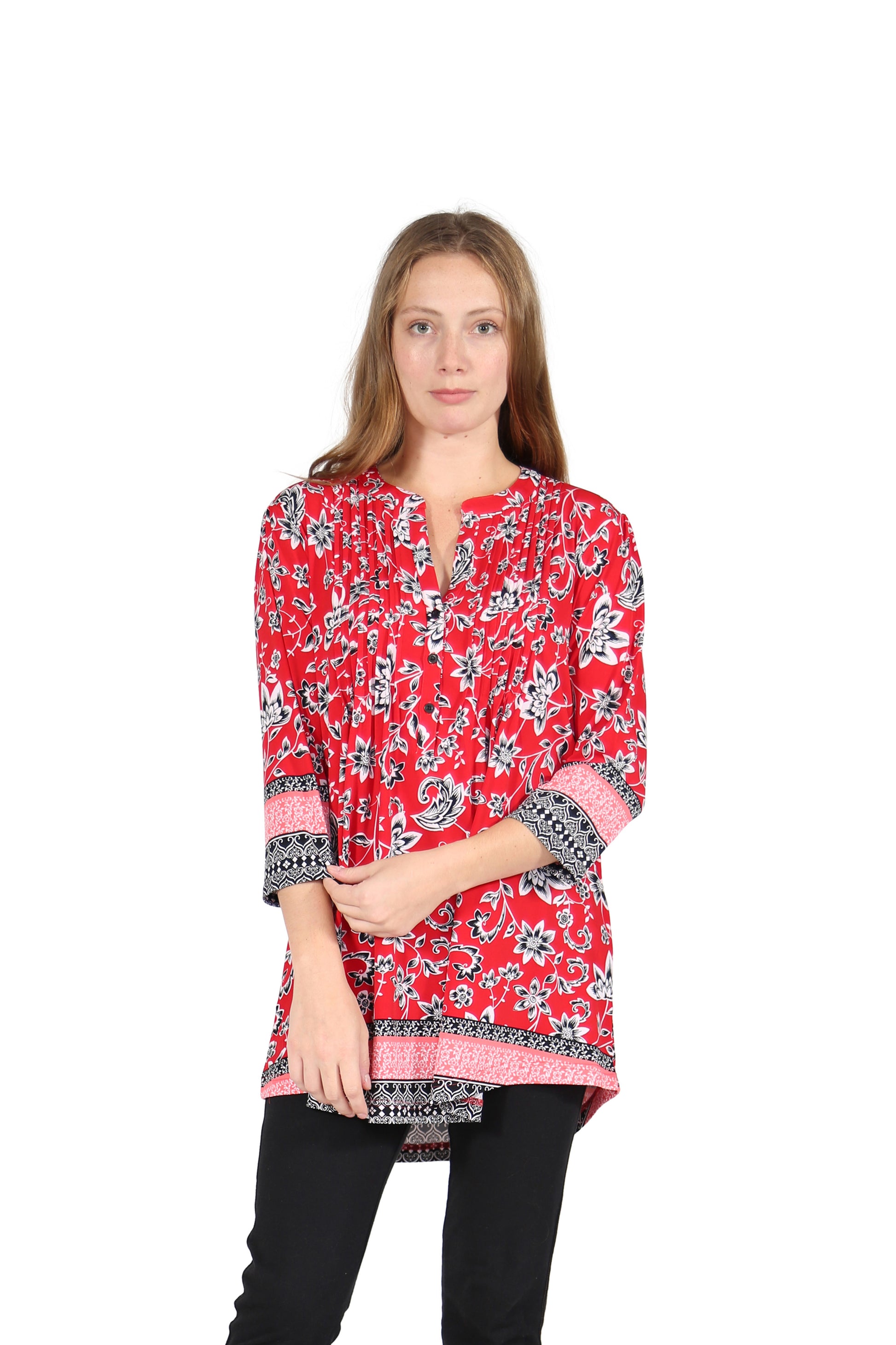 La Cera Pleat Front Printed Tunic With Border Print - La Cera